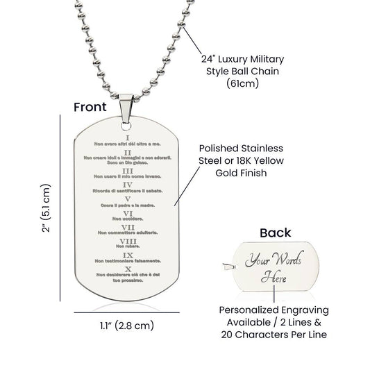 Ten Commandments Italian Dieci Comandamenti Engraved Dog Tag Necklace Stainless Steel or 18k Gold w 24" Chain-Express Your Love Gifts