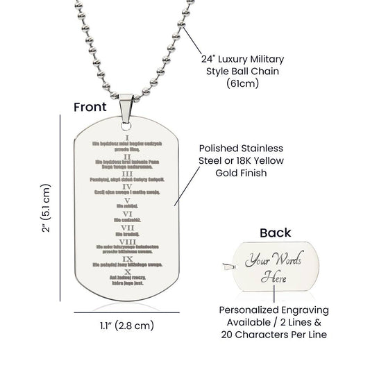 Ten Commandments Polish Przykazań Bożych Engraved Dog Tag Necklace Stainless Steel or 18k Gold w 24" Chain-Express Your Love Gifts
