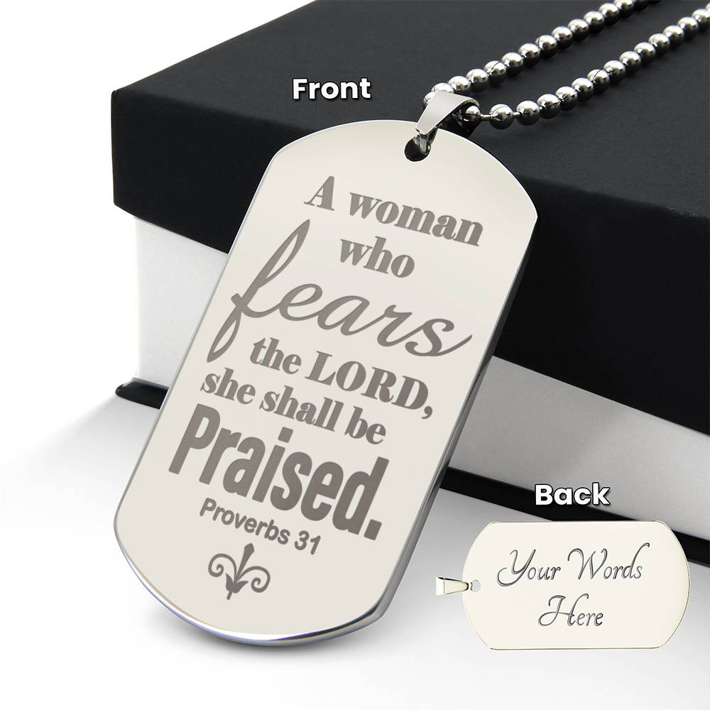 Proverbs 31 Woman of God Engraved Dog Tag Necklace Stainless Steel or 18k Gold w 24" Chain-Express Your Love Gifts