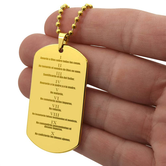Ten Commandments Spanish Diez Mandamientos Engraved Dog Tag Necklace Stainless Steel or 18k Gold w 24" Chain-Express Your Love Gifts