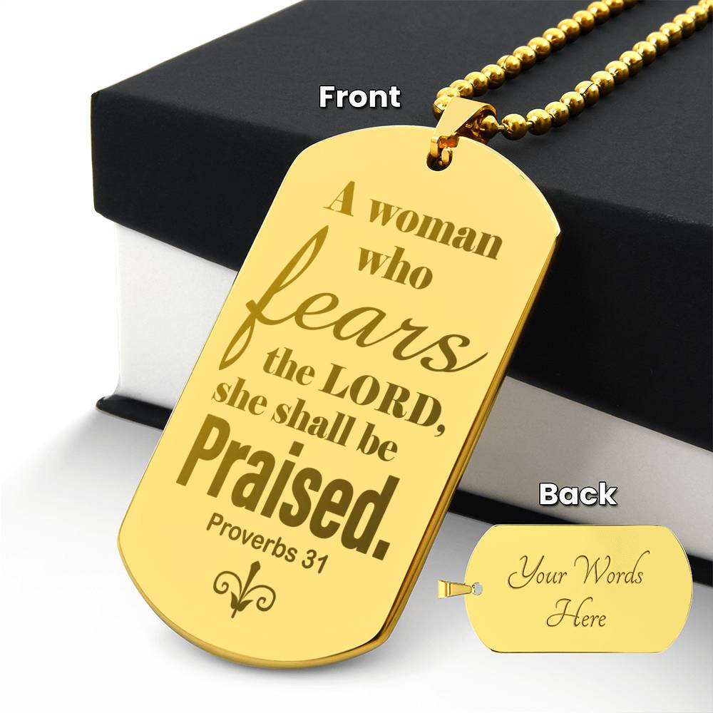 Proverbs 31 Woman of God Engraved Dog Tag Necklace Stainless Steel or 18k Gold w 24" Chain-Express Your Love Gifts