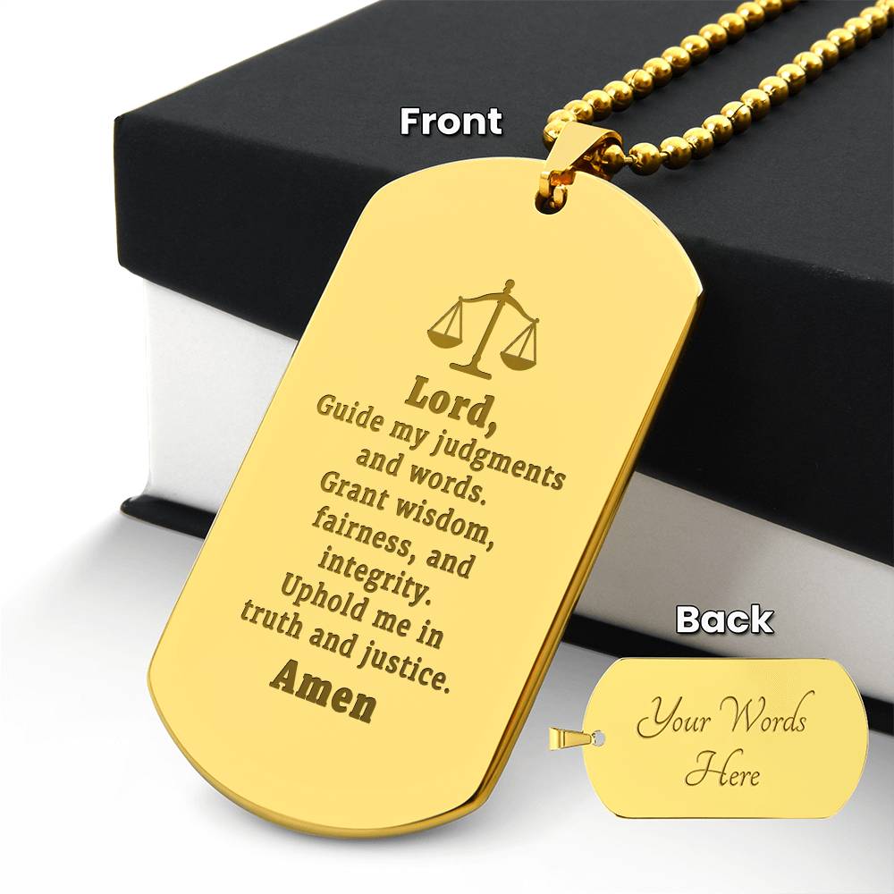 Judge and Lawyers Prayer Engraved Dog Tag Bible Necklace Stainless Steel or 18k Gold w 24" Chain