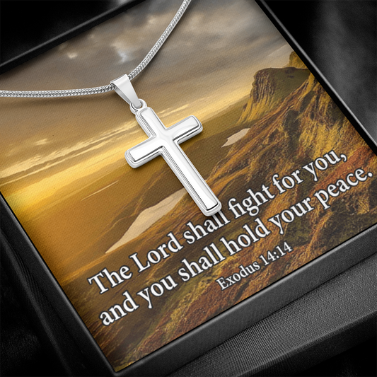 Scripture Card Exodus 14:14 Cross Card Necklace w Stainless Steel Pendant Religious