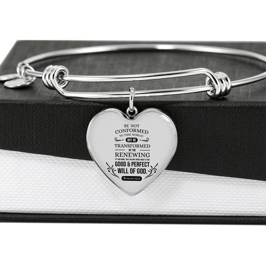 Be Not Conformed Romans 12:2 Bible Verse Heart Bangle Stainless Steel or 18k Gold 18-22"-Express Your Love Gifts