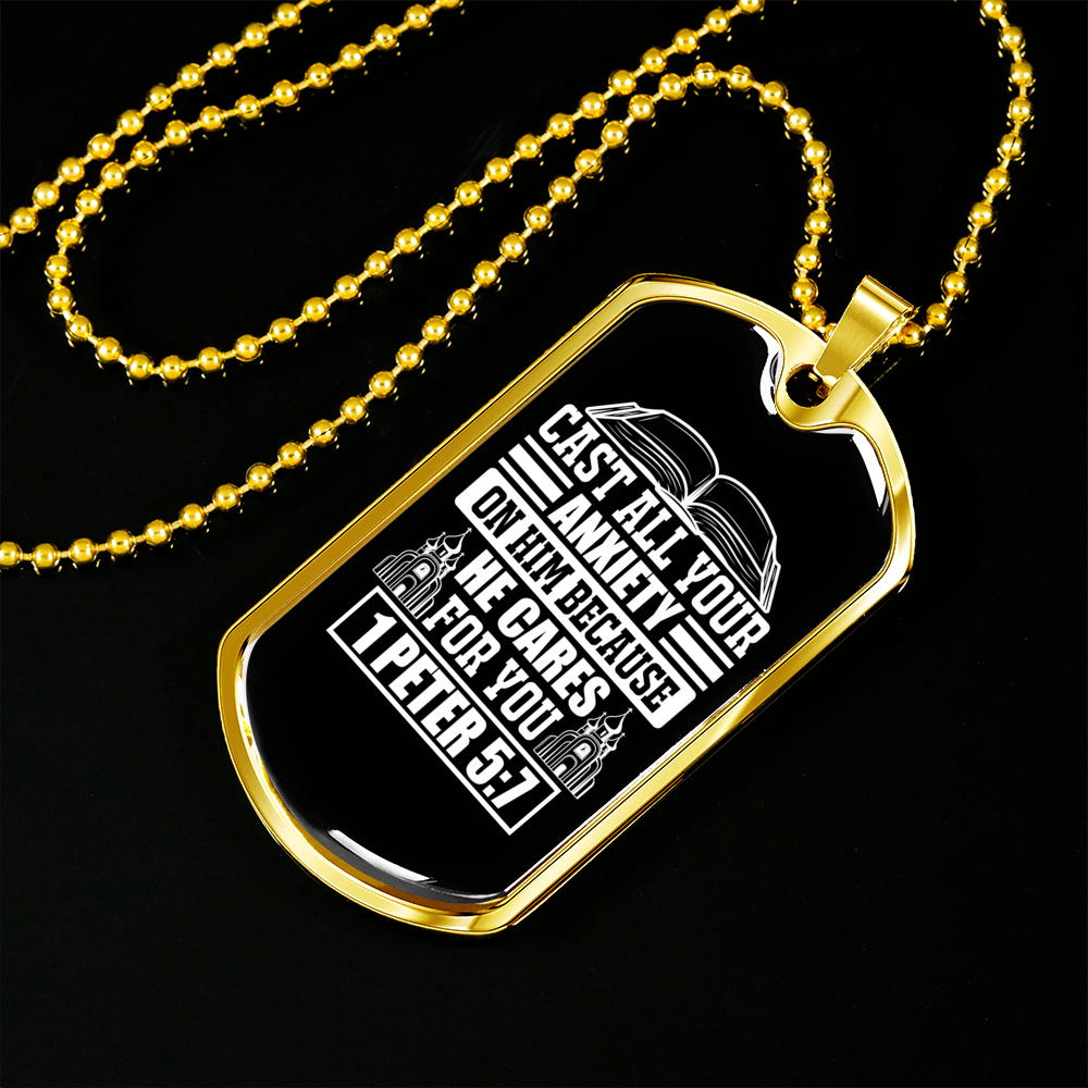 Because He Cares 1 Peter 5:7 Necklace Stainless Steel or 18k Gold Dog Tag 24"-Express Your Love Gifts