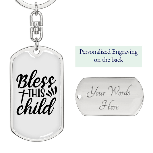 Bless This Child Cross Keychain Stainless Steel or 18k Gold Dog Tag Keyring-Express Your Love Gifts