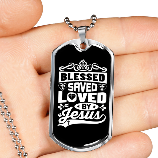 Blessed Saved Loved Necklace Stainless Steel or 18k Gold Dog Tag 24" Chain-Express Your Love Gifts