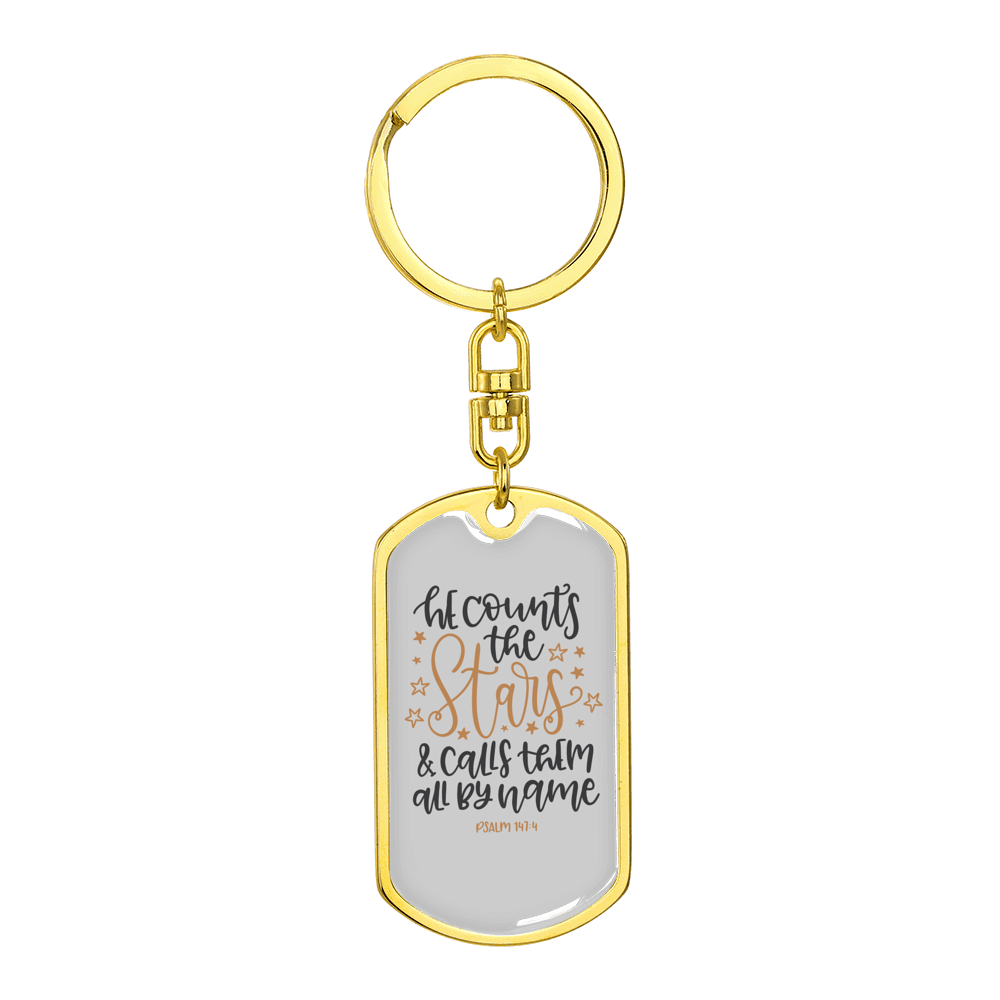 Calls Them By Name Psalm 147:4 Stainless Steel or 18k Gold Premium Swivel Dog Tag Keychain