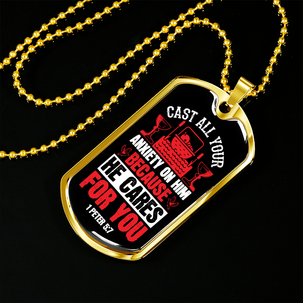 Cast All Anxiety 1 Peter 5:7 Necklace Stainless Steel or 18k Gold Dog Tag 24" Chain-Express Your Love Gifts