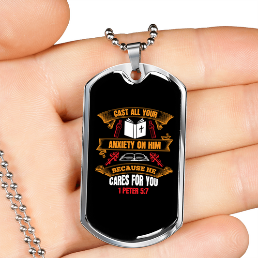 Cast All Your Anxiety 1 Peter 5:7 Necklace Stainless Steel or 18k Gold Dog Tag 24" Chain-Express Your Love Gifts
