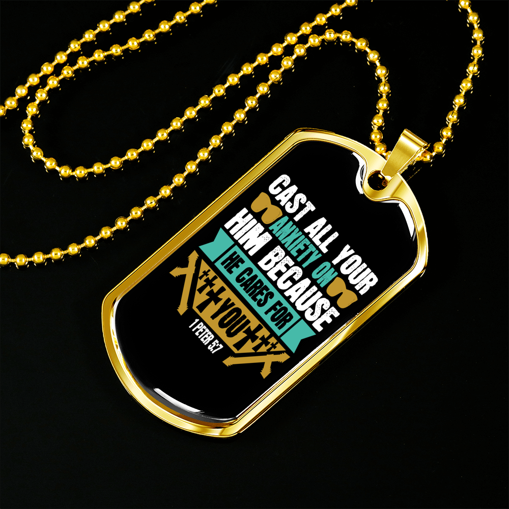 Cast Your Anxiety 1 Peter 5:7 Necklace Stainless Steel or 18k Gold Dog Tag 24" Chain-Express Your Love Gifts