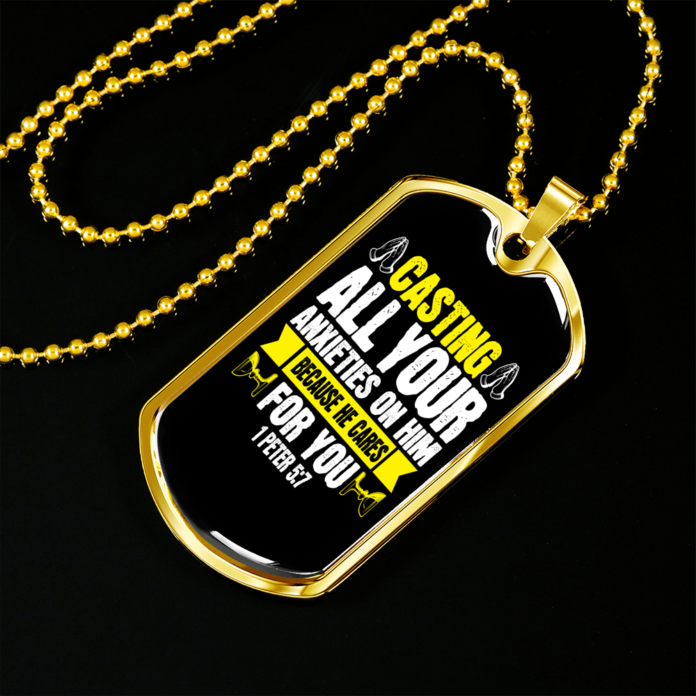 Casting All Anxieties 1 Peter 5:7 Necklace Stainless Steel or 18k Gold Dog Tag 24" Chain-Express Your Love Gifts