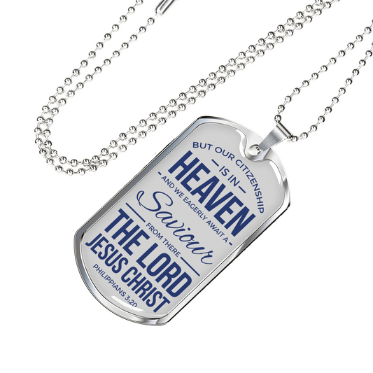 Citizenship in Heaven Inspirational Bible Verse Necklace Stainless Steel or 18k Gold Dog Tag w 24" Chain