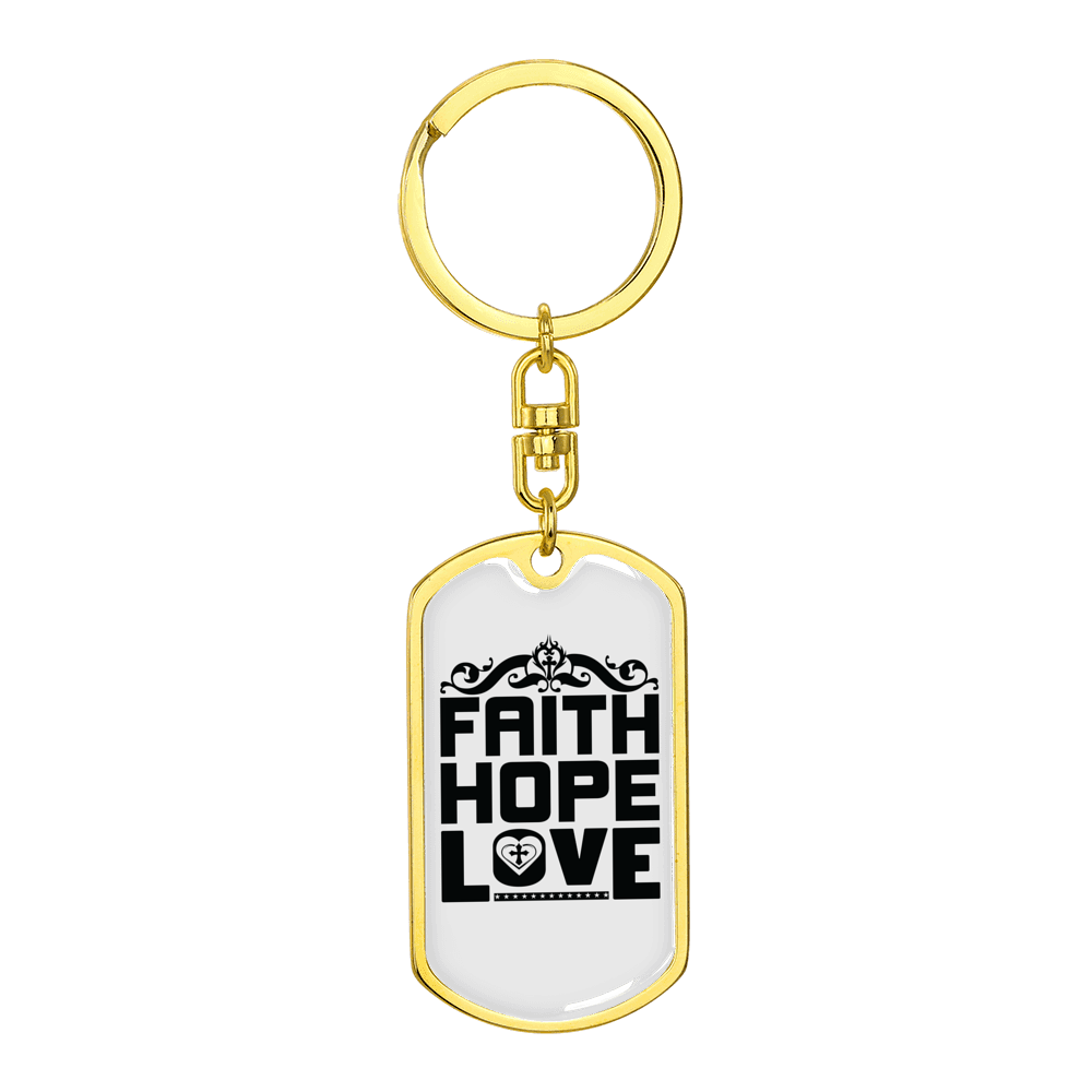 Faith Hope Love Cross Stainless Steel or 18k Gold Premium Swivel Dog Tag Keychain