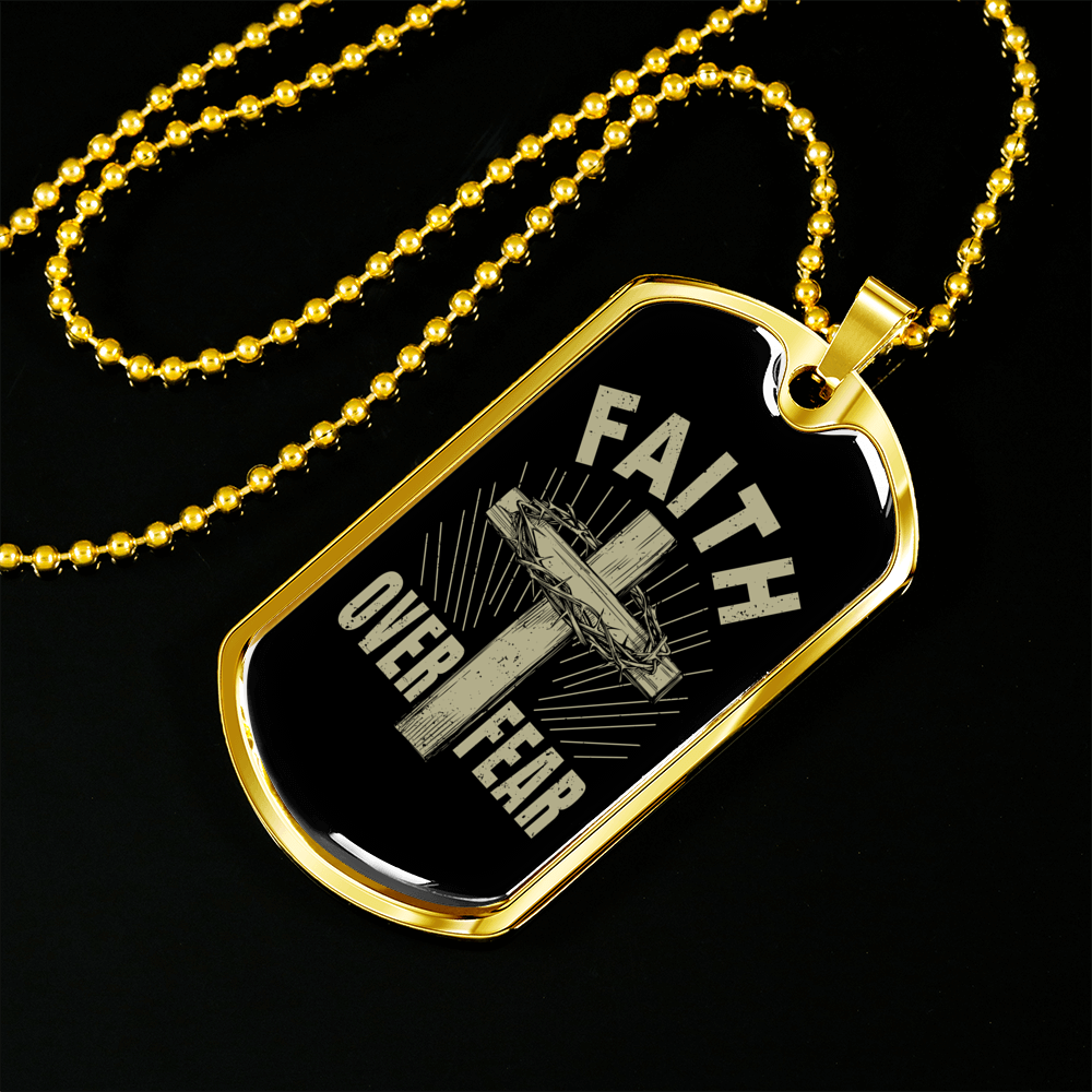 Faith Over Fear Cross Necklace Stainless Steel or 18k Gold Dog Tag 24" Chain-Express Your Love Gifts