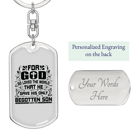 For God So Loved Keychain Stainless Steel or 18k Gold Dog Tag Keyring-Express Your Love Gifts