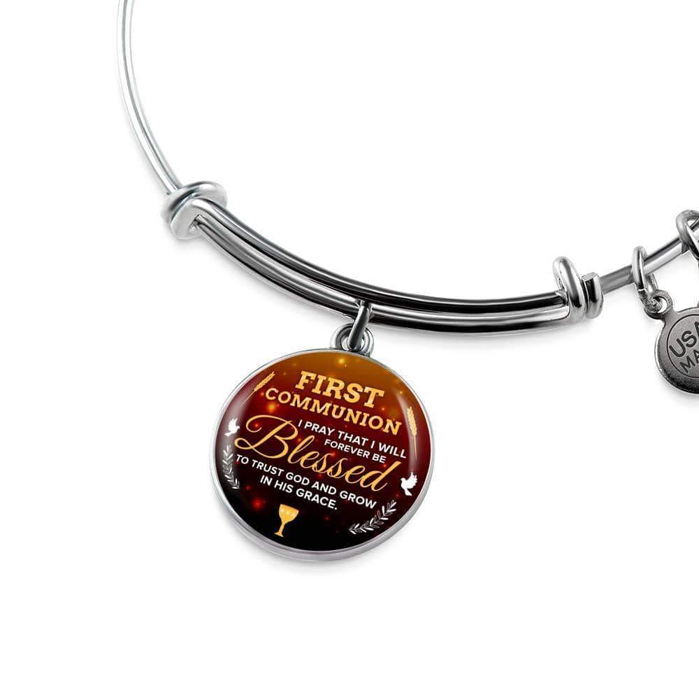 Forever Be Blessed First Communion Stainless Steel or 18k Gold Circle Bangle Bracelet - Express Your Love Gifts