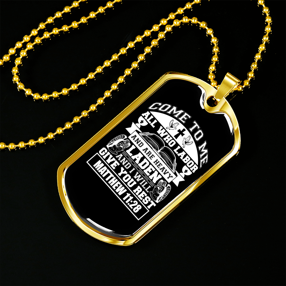 Give You Rest Matthew 11:28 White Necklace Stainless Steel or 18k Gold Dog Tag 24" Chain-Express Your Love Gifts