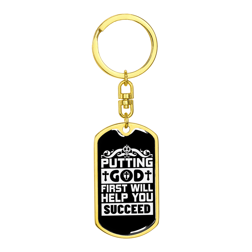 God First Will Help Stainless Steel or 18k Gold Premium Swivel Dog Tag Keychain