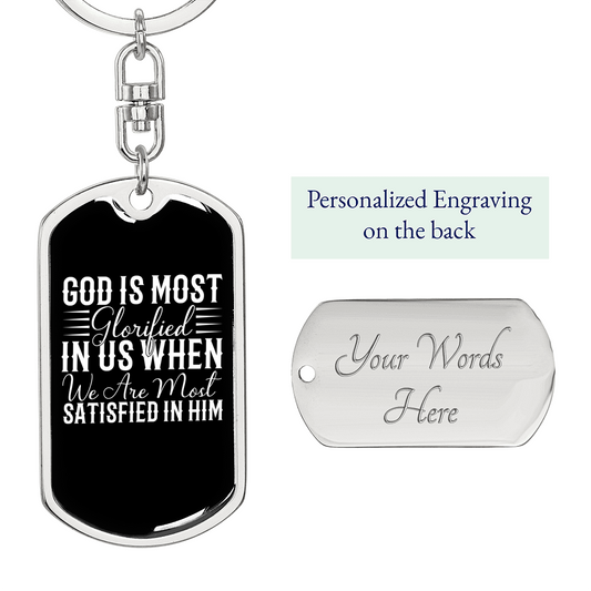 God Is Glorified White Keychain Stainless Steel or 18k Gold Dog Tag Keyring-Express Your Love Gifts