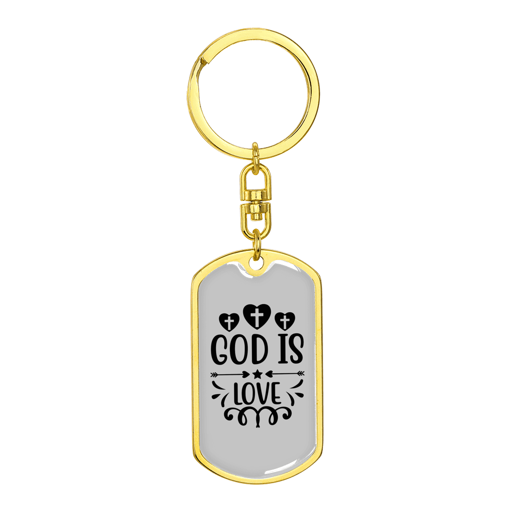 God Is Love Cross Christian Stainless Steel or 18k Gold Premium Swivel Dog Tag Keychain