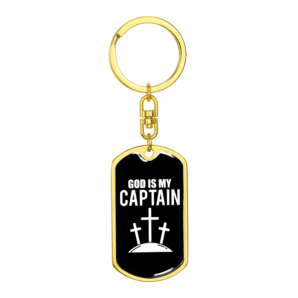 God Is My Captain Cross Christian Stainless Steel or 18k Gold Premium Swivel Dog Tag Keychain