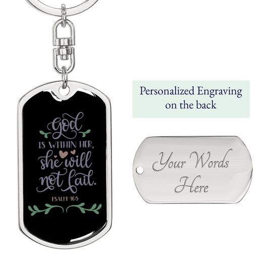 God Is Within Her Psalm 46:5 Keychain Stainless Steel or 18k Gold Dog Tag Keyring-Express Your Love Gifts
