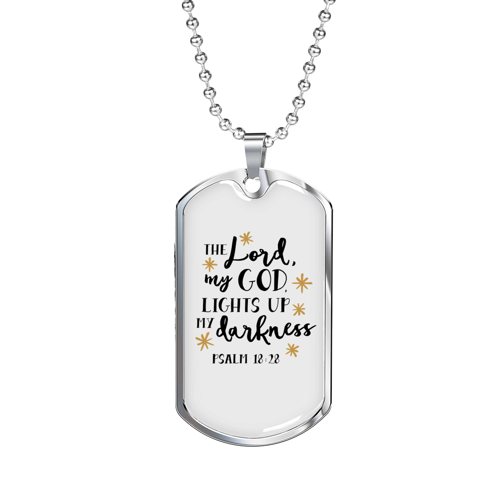 God Lights Up Psalm 18:28 Necklace Stainless Steel or 18k Gold Dog Tag 24" Chain-Express Your Love Gifts