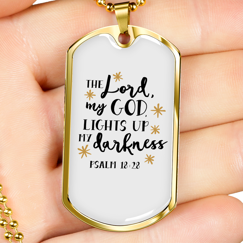 God Lights Up Psalm 18:28 Necklace Stainless Steel or 18k Gold Dog Tag 24" Chain-Express Your Love Gifts
