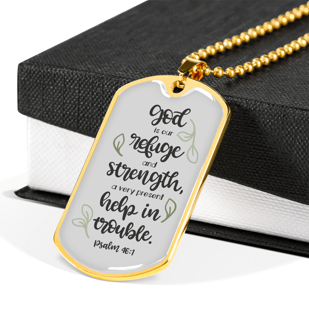 God Our Refuge Psalm 46:1 Necklace Stainless Steel or 18k Gold Dog Tag 24" Chain-Express Your Love Gifts