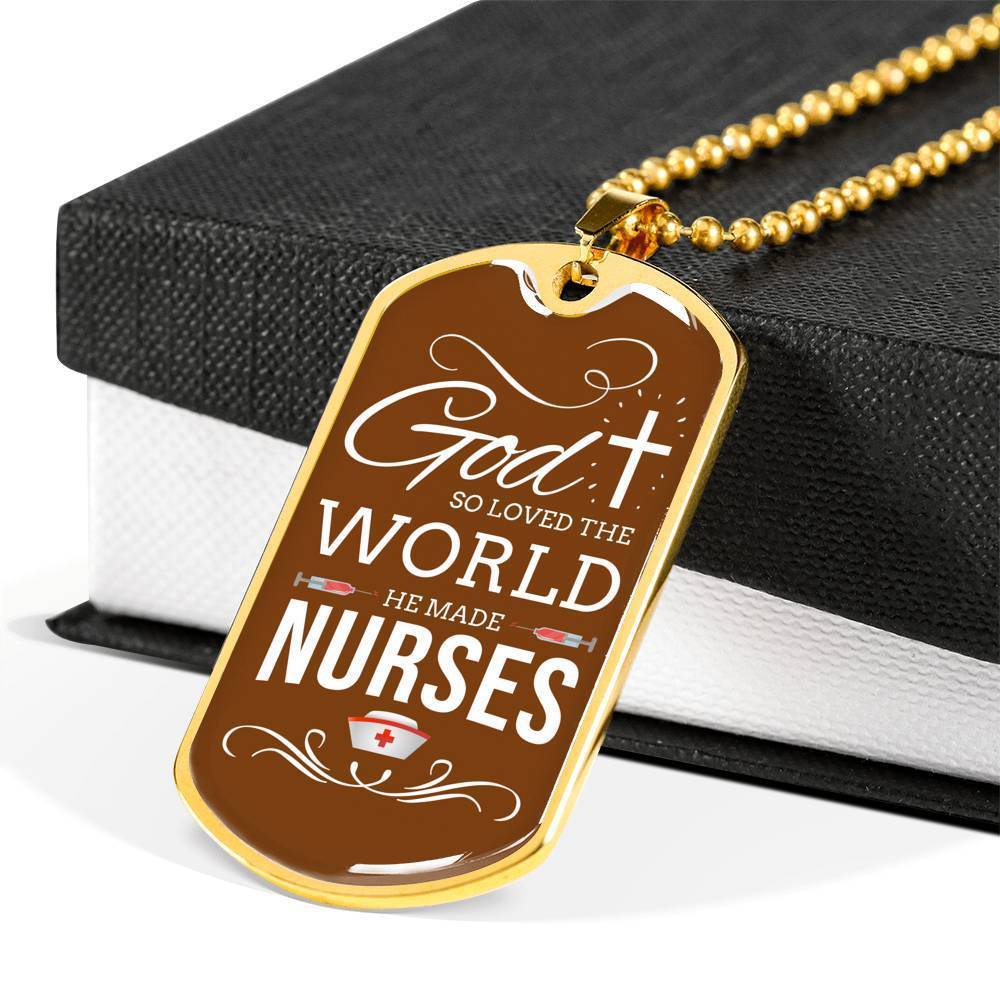 God So Loved The World Nurse Necklace Stainless Steel or 18k Gold Dog Tag W 24"-Express Your Love Gifts