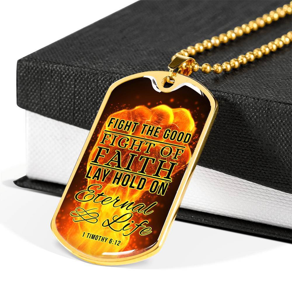 Good Fight Of Faith Christian Faith Necklace Stainless Steel or 18k Gold Dog Tag 24" Chain-Express Your Love Gifts
