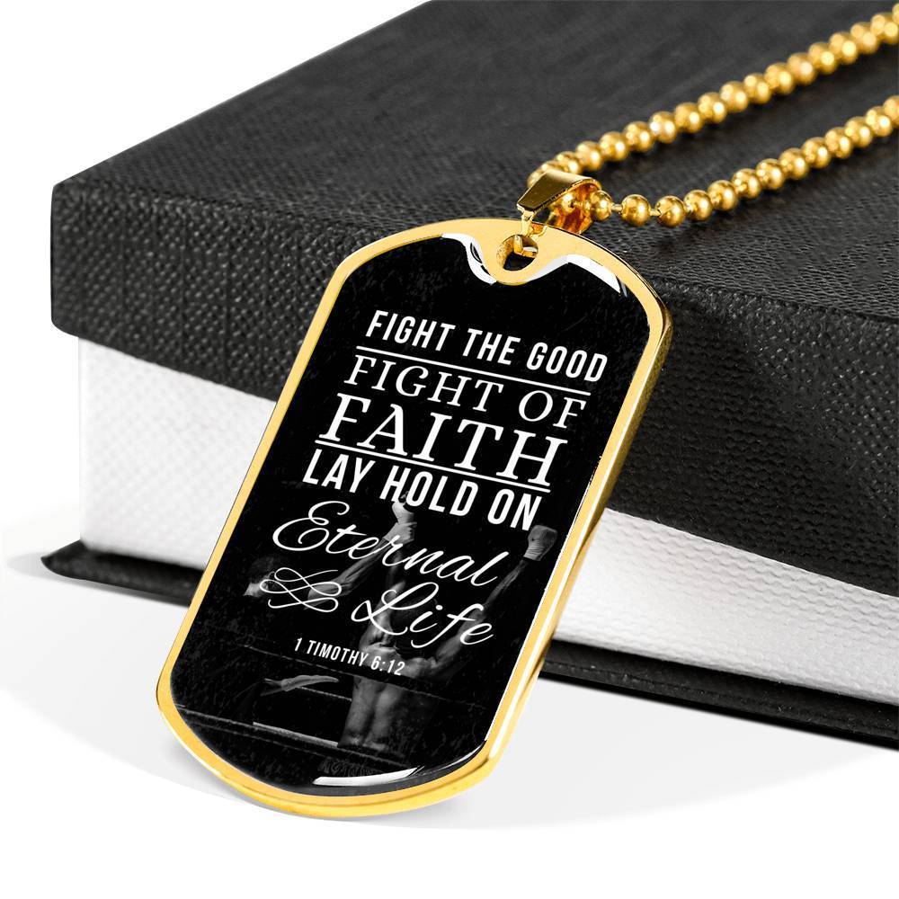 Good Fight Of Faith Timothy Necklace Stainless Steel or 18k Gold Dog Tag 24" Chain-Express Your Love Gifts