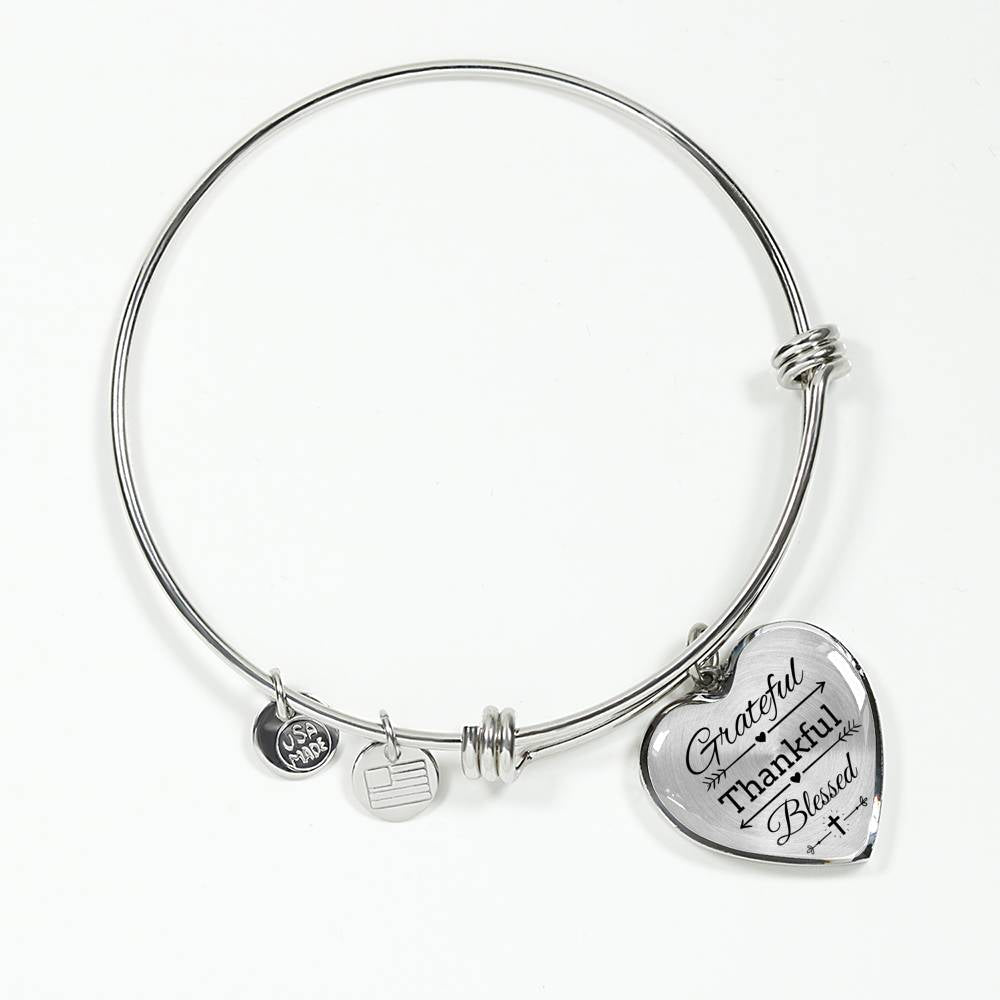 Grateful Thankful Blessed Heart Bangle Stainless Steel or 18k Gold 18-22"-Express Your Love Gifts
