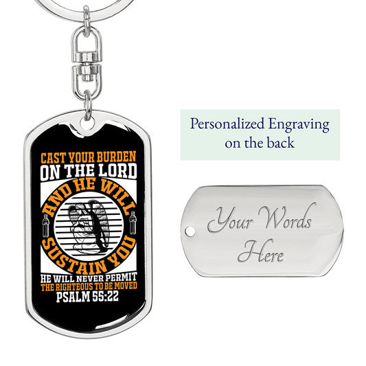 He Will Sustain Psalm 55:22 Keychain Stainless Steel or 18k Gold Dog Tag Keyring-Express Your Love Gifts