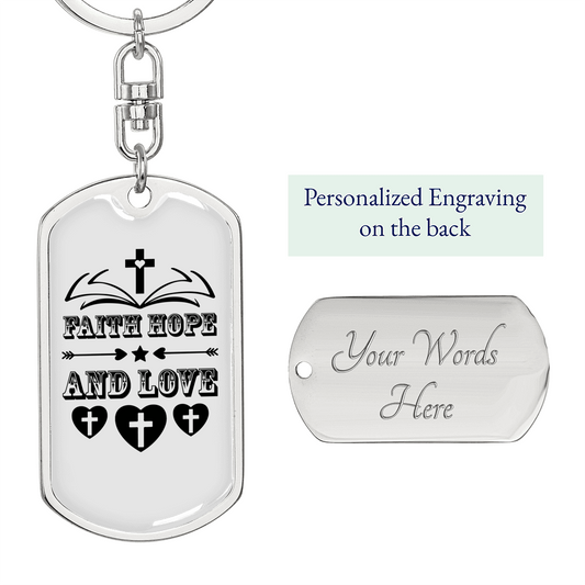 Hope Love Faith Christian Keychain Stainless Steel or 18k Gold Dog Tag Keyring-Express Your Love Gifts