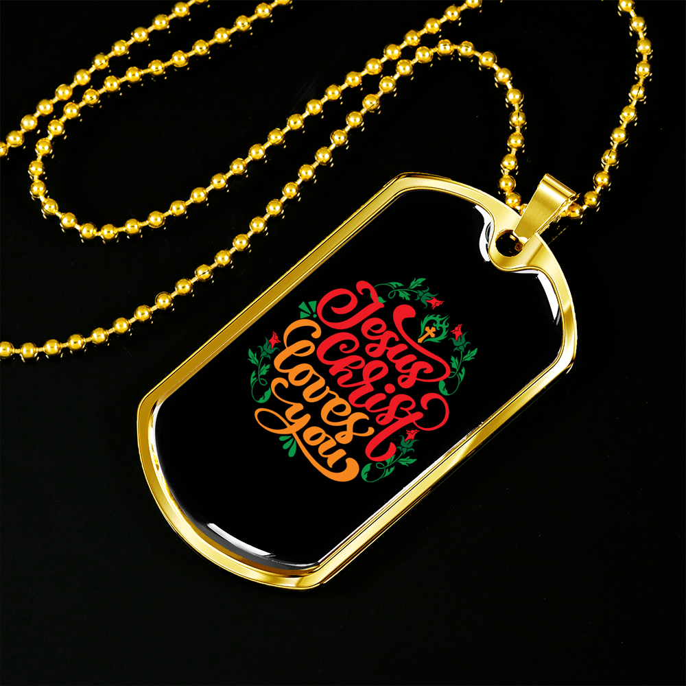 Jesus Christ Loves You Christian Necklace Stainless Steel or 18k Gold Dog Tag 24" Chain-Express Your Love Gifts