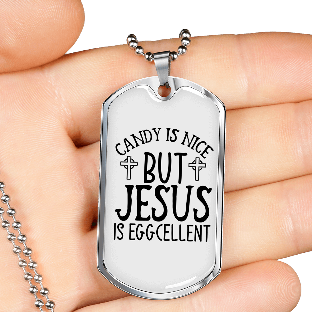Jesus Is Eggcellent Christian Necklace Stainless Steel or 18k Gold Dog Tag 24" Chain-Express Your Love Gifts