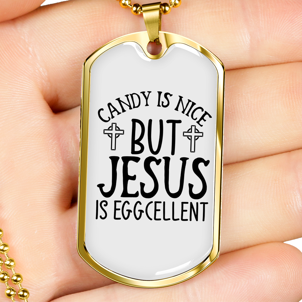 Jesus Is Eggcellent Christian Necklace Stainless Steel or 18k Gold Dog Tag 24" Chain-Express Your Love Gifts