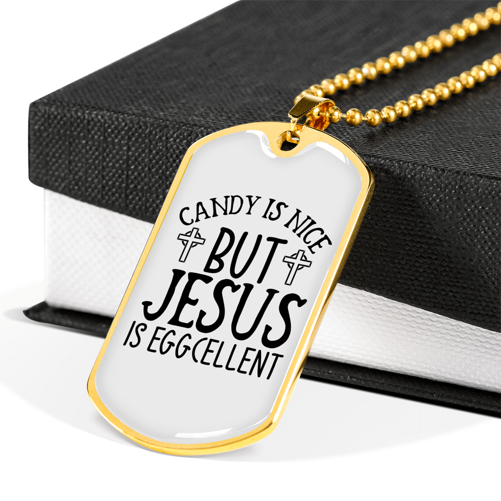 Jesus Is Eggcellent Christian Necklace Stainless Steel or 18k Gold Dog Tag 24" Chain-Express Your Love Gifts