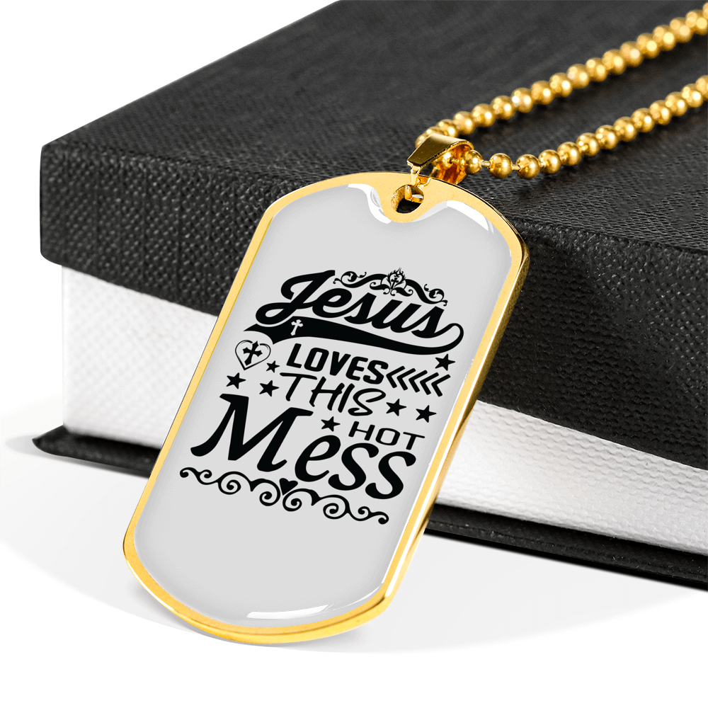 Jesus Loves This Hot Mess Christian Necklace Stainless Steel or 18k Gold Dog Tag 24" Chain-Express Your Love Gifts