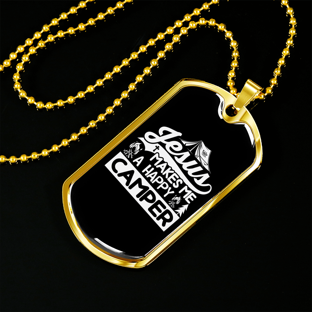 Jesus Makes Happy Camper Christian Necklace Stainless Steel or 18k Gold Dog Tag 24" Chain-Express Your Love Gifts