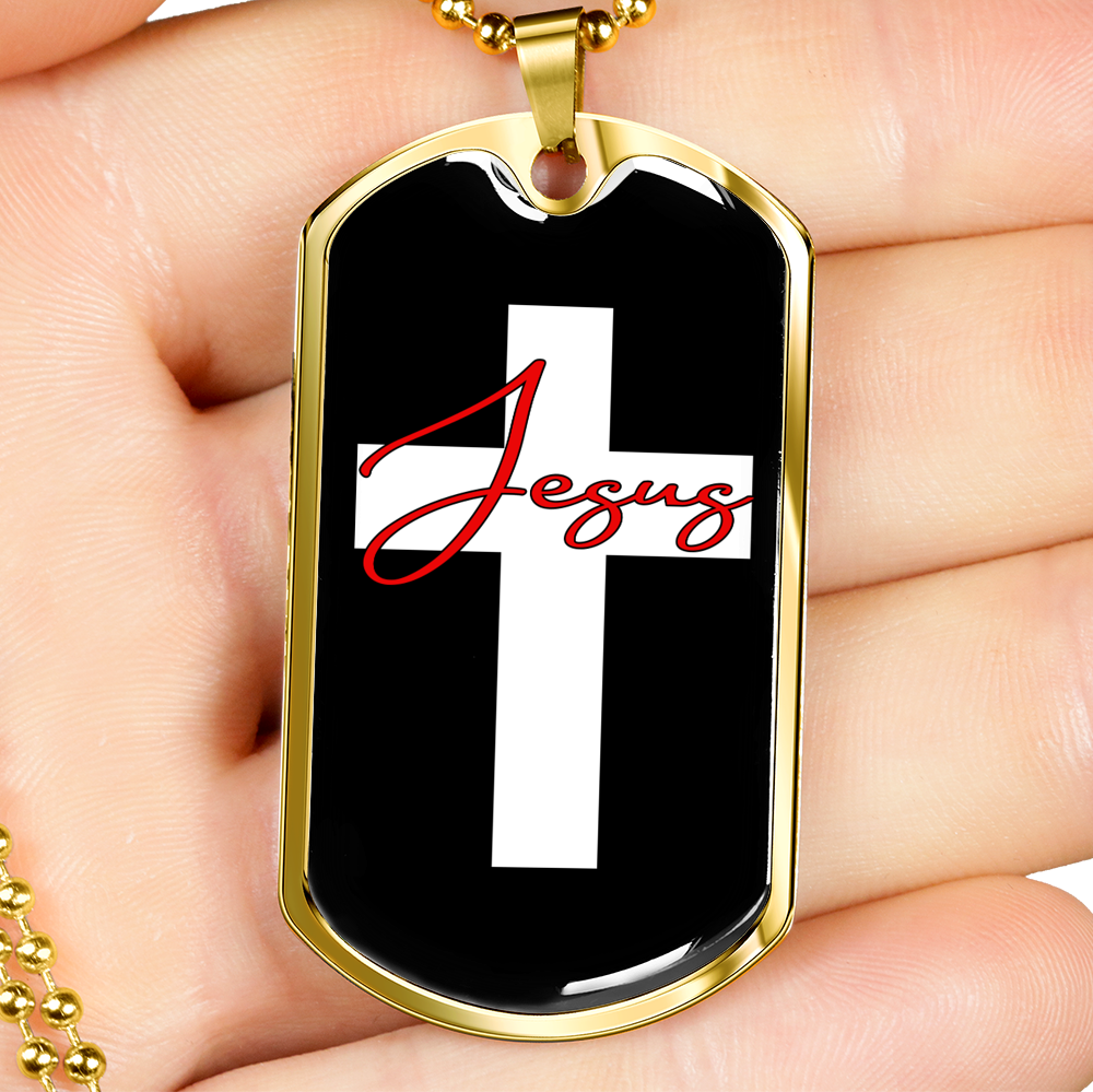 Jesus Red Cross Christian Necklace Stainless Steel or 18k Gold Dog Tag 24" Chain-Express Your Love Gifts