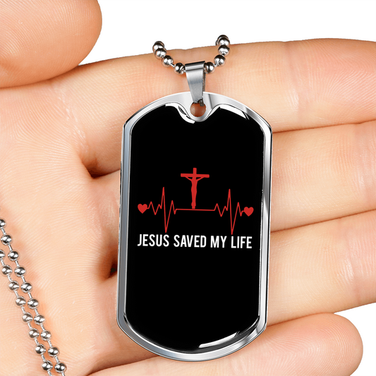Jesus Saved My Life Pulse Christian Necklace Stainless Steel or 18k Gold Dog Tag 24" Chain-Express Your Love Gifts