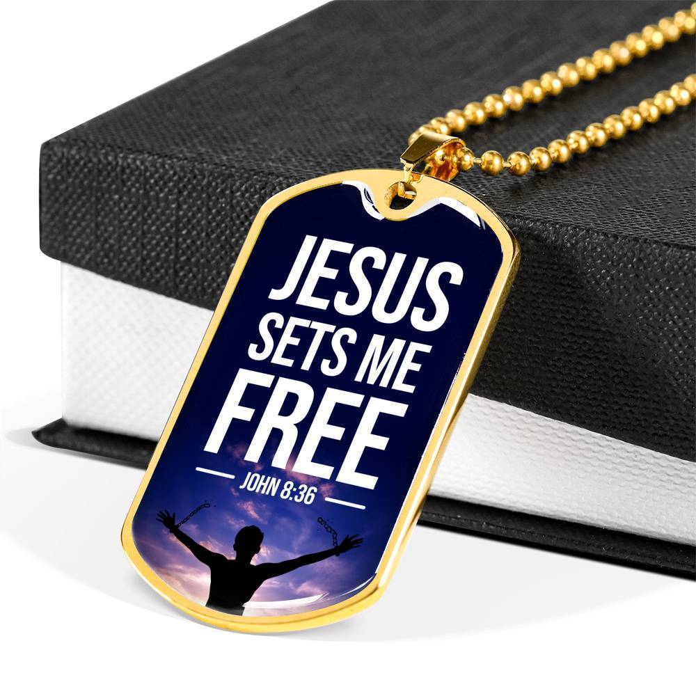 Jesus Sets Me Free Christian Necklace Bible Verse Necklace Stainless Steel or 18k Gold Dog Tag 24" Chain-Express Your Love Gifts
