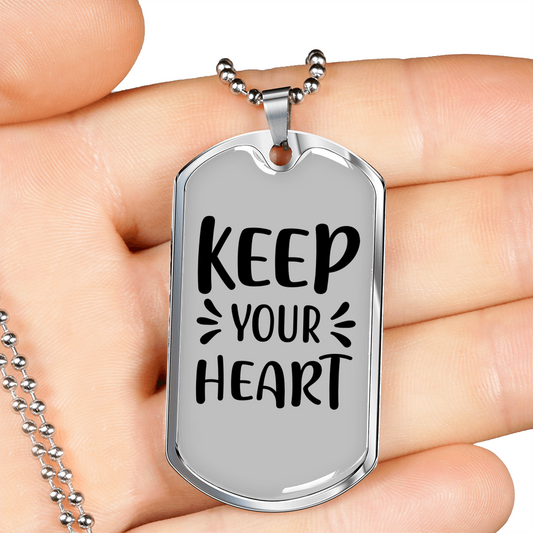 Keep Your Heart Necklace Stainless Steel or 18k Gold Dog Tag 24" Chain-Express Your Love Gifts