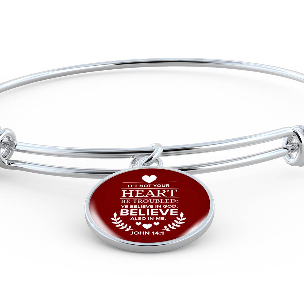 Let Not Your Heart Be Troubled John 14:1 Circle Pendant Bangle Bracelet Stainless Steel or 18k Gold-Express Your Love Gifts