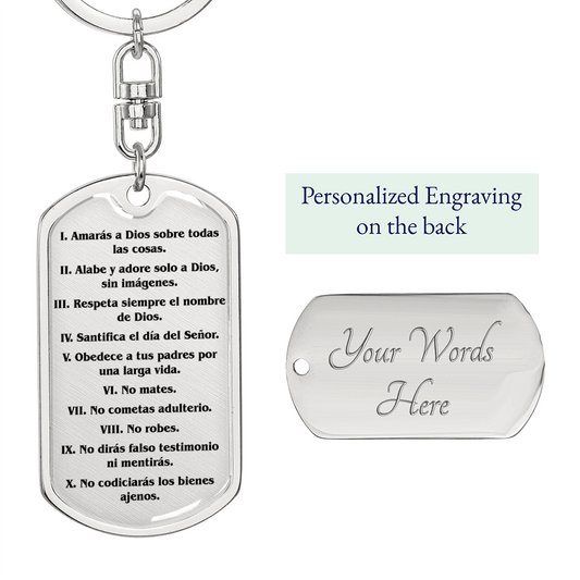Los Diez Mandamientos Espanol Clear Swivel Keychain Dog Tag Stainless Steel or 18k Gold-Express Your Love Gifts