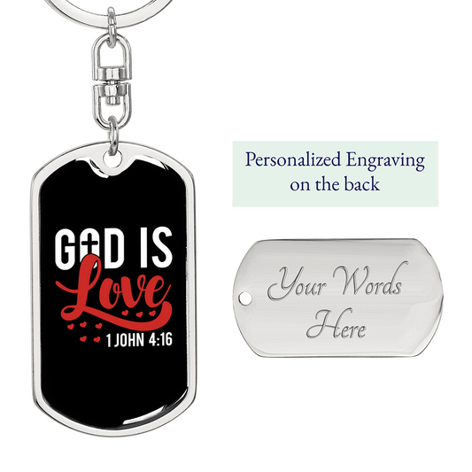 Love Is God 1 John 14:16 Christian Keychain Stainless Steel or 18k Gold Dog Tag Keyring-Express Your Love Gifts