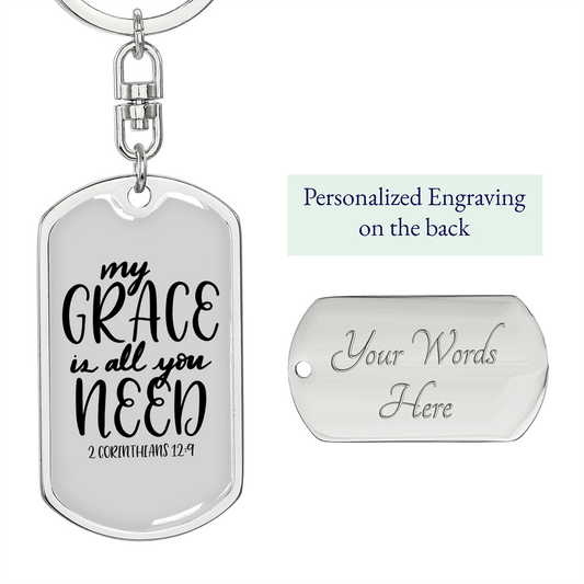 My Grace 2 Corinthians 12:9 Keychain Stainless Steel or 18k Gold Dog Tag Keyring-Express Your Love Gifts